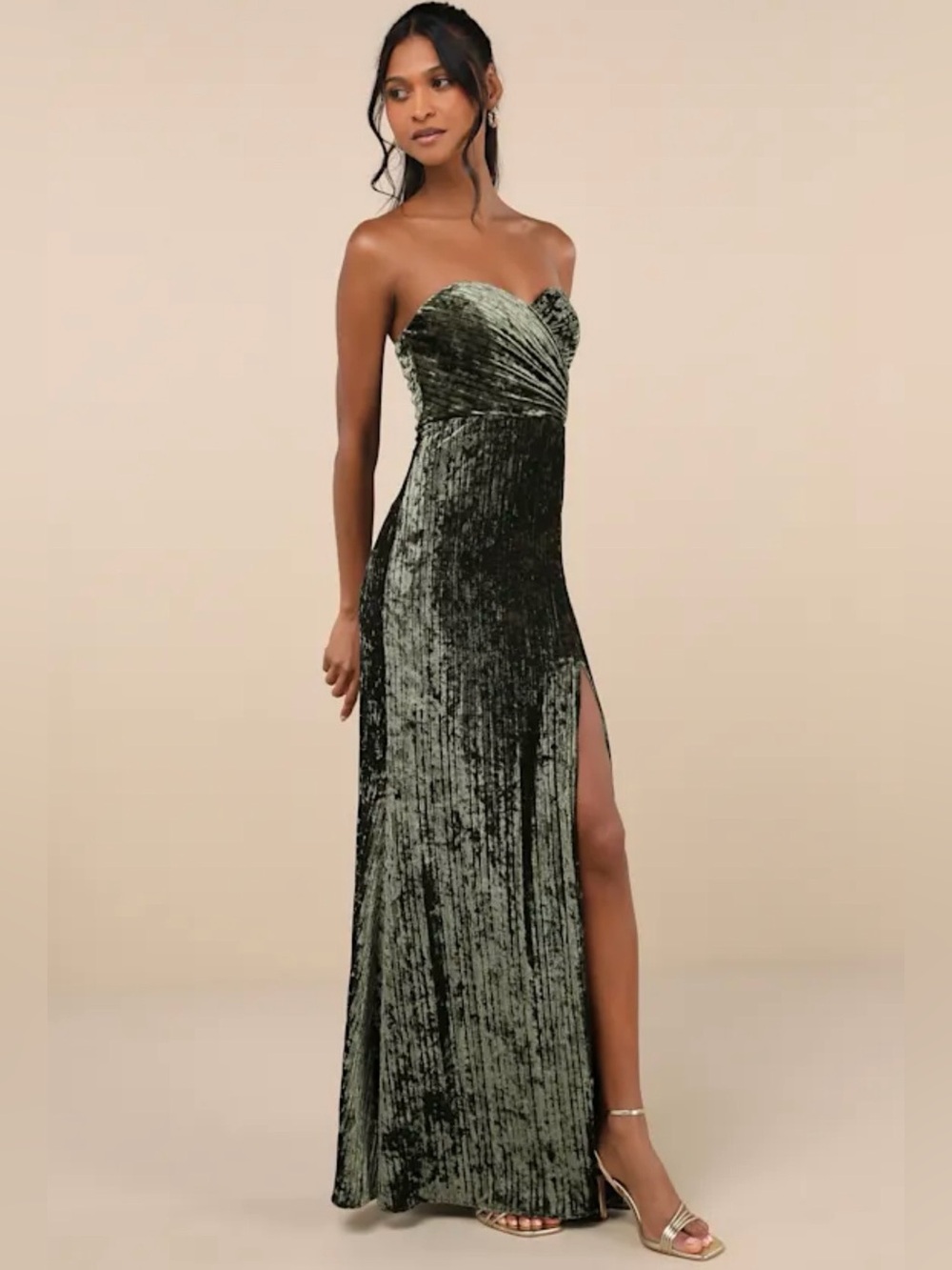 Lulu's Olive Green Strapless Velvet Maxi Dress with Side Slit